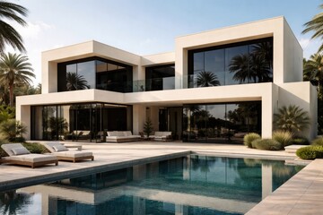 Fototapeta premium Cream exterior villa with minimalist design and reflective black glass windows