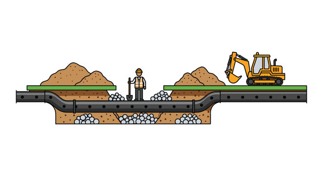 A detailed construction diagram depicts a worker with a shovel inside an excavated trench beside an active yellow excavator on a ground-level view with a neutral color scheme.
