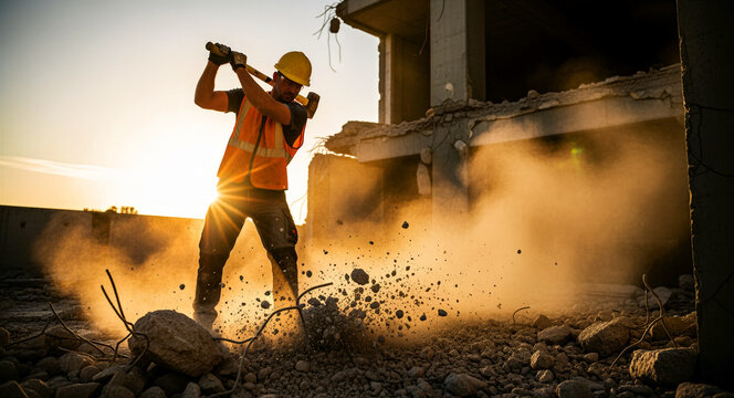 Construction worker swinging a sledgehammer at a demolition site. Laborer in safety gear breaking concrete rubble at sunset. Industrial demolition concept for construction marketing campaigns.