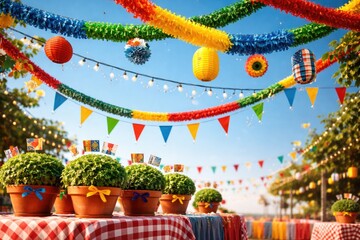 June summer event setup featuring blue background and hanging Manjerico paper garlands copy space