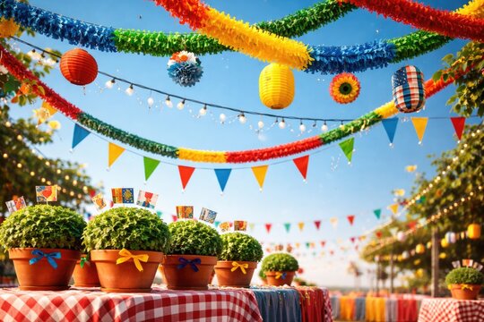 June summer event setup featuring blue background and hanging Manjerico paper garlands copy space
