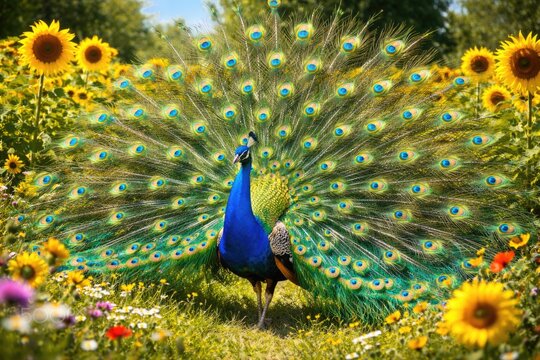 Cheerful peafowl flaunting vivid feathers during a sunny summer day in blossoming sunflower meadow