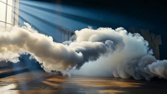 Illusion of Wispy Essence: Sunlight pierces through a window, illuminating a cloud of ethereal, billowing vapor dancing gracefully across a wooden floor, creating an abstract and serene atmosphere.