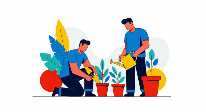 Two men gardening and planting trees in pots. One person uses a trowel while the other waters the plants. Sustainable growth concept, ideal for eco-friendly blogs and gardening campaigns.