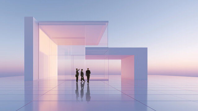 Business team discussing modern glass architecture project in pastel futuristic environment. Concept of collaboration, real estate development, investment strategy and innovative design.