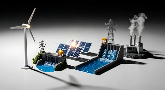 Model energi terbarukan dengan turbin angin panel surya dan bendungan