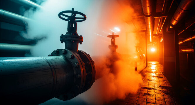 Industrial metal pipe and valve leaking steam in a dark facility. Cinematic teal and orange lighting illuminates the foggy atmosphere. Power plant maintenance and energy infrastructure concept.