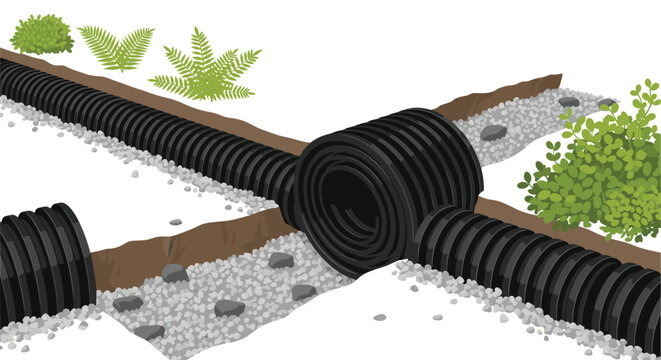 A coiled black corrugated drainage pipe rests within a gravel-filled trench surrounded by lush green bushes and ferns in an isometric, technical illustration style.