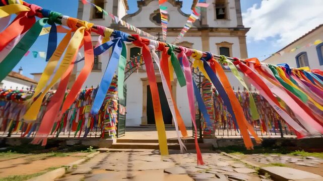 Swaying as breeze picking up, colorful ribbons tied to iron fence lashing across church entrance