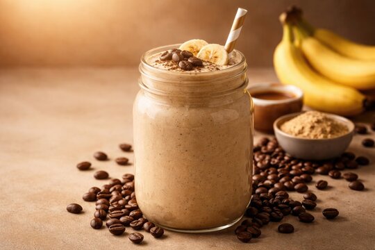 Glass jar filled with creamy espresso maca banana smoothie surrounded by coffee beans on a smooth background with copy space