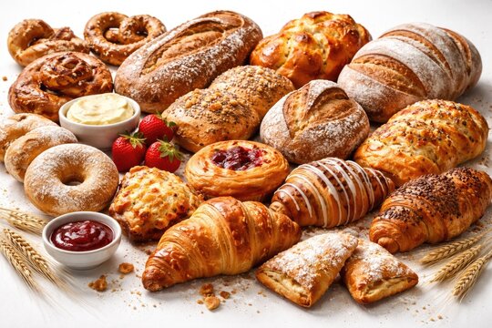 freshly prepared bakery items arranged on bright white background