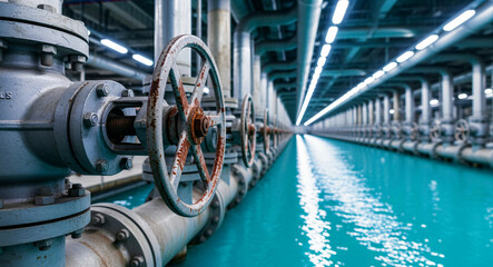 Fototapeta premium Industrial valves and pipeline system running alongside a blue water pool. Perspective view of rows of pipes and control wheels. Infrastructure maintenance and water treatment utility concept.