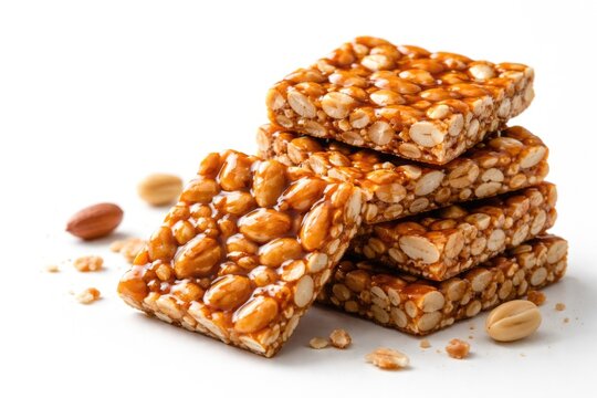 Close up of peanut and jaggery chikki sweet on white backdrop with ample copy space for message