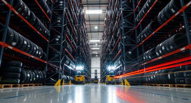 Forklifts moving through a tire warehouse. Logistics vehicles in a distribution center with high storage racks. Industrial supply chain concept for automotive transport and logistics marketing.