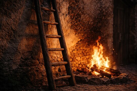 Historic wall ladder standing by blazing fire on rough exterior wall
