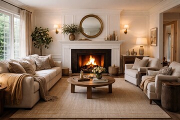 Obraz premium Homey family room boasting a modern fireplace and elegant mantel