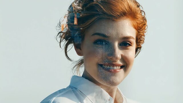 Double exposure of smiling woman profile blended with modern city skyline