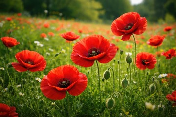 Obraz premium Bright crimson poppies flourishing in a rich green grassy expanse in daylight