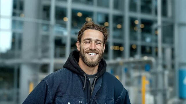 Portrait of one happy bearded male worker smiling outside modern office building