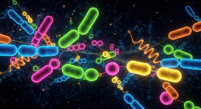 Vibrant, colorful illustration of diverse bacteria and microorganisms in a microscopic, interconnected network.