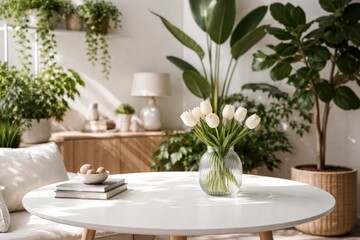 Fototapeta premium Contemporary interior background including white table, glass vase, and lush indoor foliage