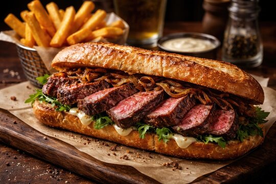 Grilled medium rare rib eye steak served on a baguette sandwich with side of crispy fries