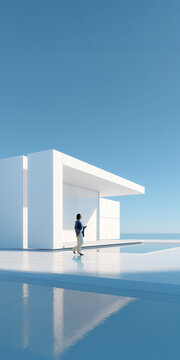 Businesswoman walking near modern minimalist villa with pool in bright blue environment. Concept of luxury real estate, lifestyle aspiration, architecture showcase and property investment.
