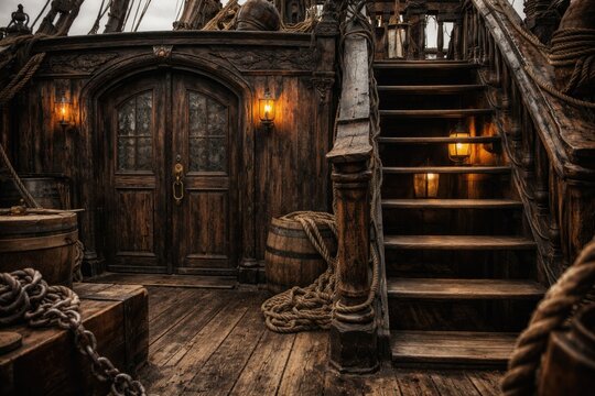 Close up of pirate ship deck featuring weathered door to captain quarters and sturdy stairs to galley