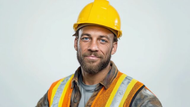Close up portrait of one happy male builder wearing yellow hard hat