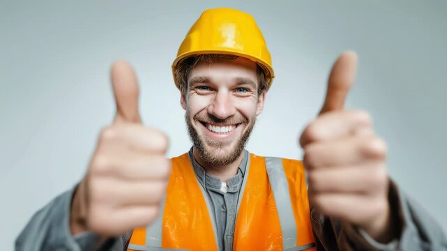 Medium shot of one happy male builder showing two thumbs up in yellow hard hat
