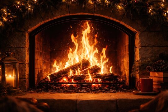 Bright flames in rounded firebox fireplace enhancing winter holiday warmth