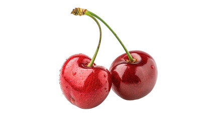 Two red cherries are placed next to each other isolated on transparent background cut out