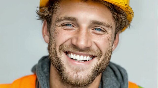 Extreme close up of one smiling male builder opening eyes in yellow hard hat