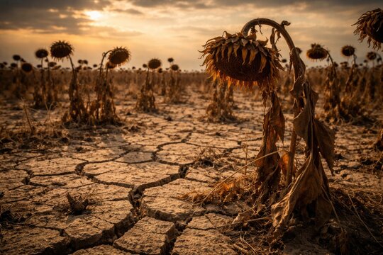 Climate change impact visible in dead sunflowers across cracked arid summer land