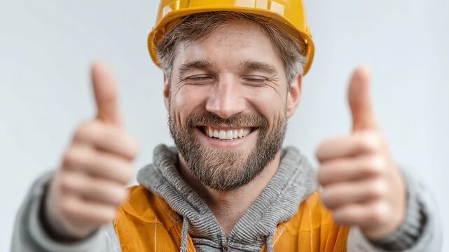 Close up portrait of one happy male builder showing two thumbs up gesture