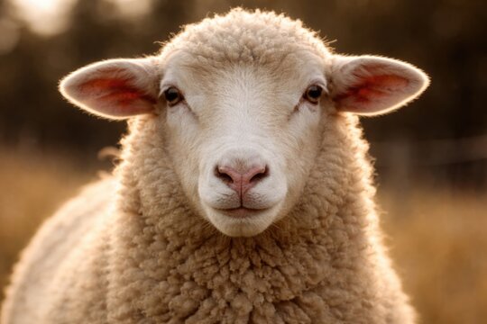 Close up shot of a calm sheep facing the camera with soft expression