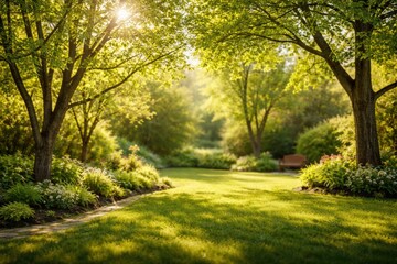 Obraz premium Backyard garden full of sunlit trees with fresh leaves and smooth blurred backdrop
