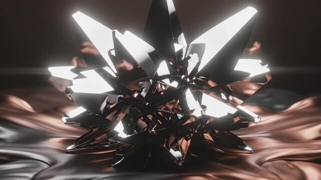 Molten copper and silver liquids swirling to form a sharp crystalline structure. A sophisticated, luxury metallic animation with fluid motion.