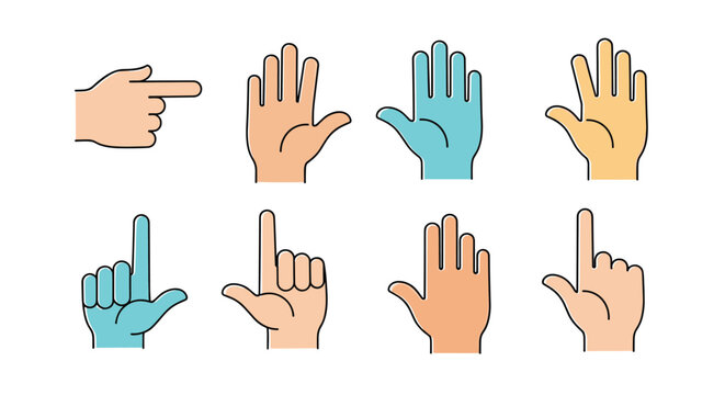 Selection of hand illustrations shows various gestures such as pointing and counting with fingers in several skin tones and bright colors.