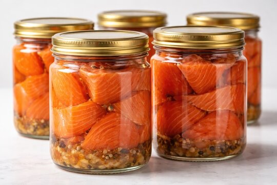 Canned orange fish packed in transparent glass jars sealed with bright gold lids against a white background for grocery presentation