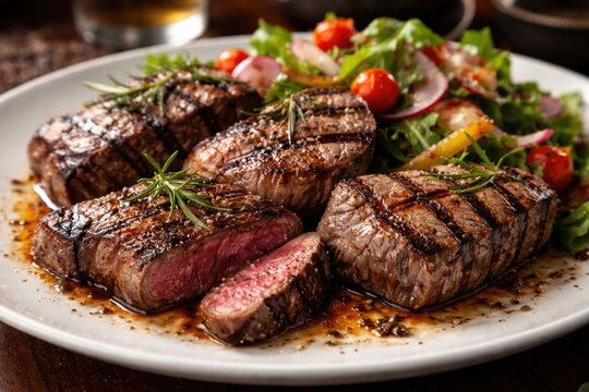 Close up image of succulent grilled wild game meat with kudu springbok and zebra steak served with mixed salad at a food establishment