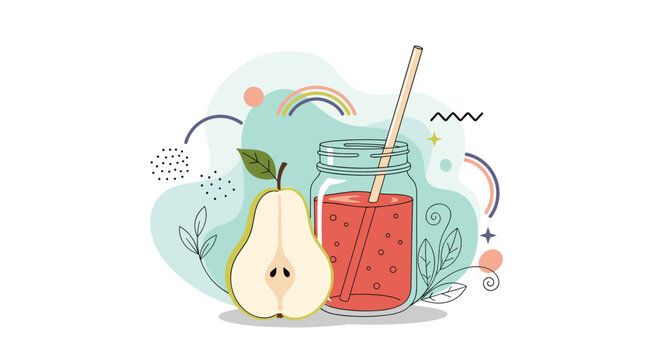 Healthy pear smoothie in a glass jar with a straw surrounded by a half pear and vibrant abstract decorative shapes.