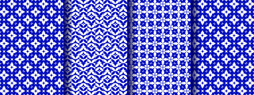 Seamless floral pattern set with minimalist Blue geometric mosaic, abstract decorative backgrounds