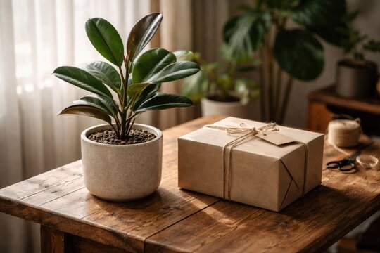 indoor potted plant positioned near a cardboard parcel atop a hand finished wooden table