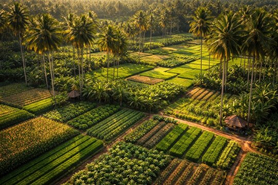 Drone image showing tropical farm's coconut sugar palms and multiple crop patterns