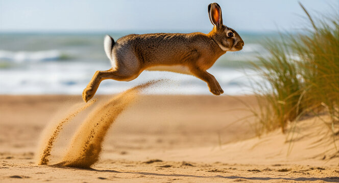 Wild rabbit leaping through the air on a sandy coastal beach. Agile hare jumping over dunes and kicking up sand against a blurred ocean backdrop. Wildlife action concept representing speed.