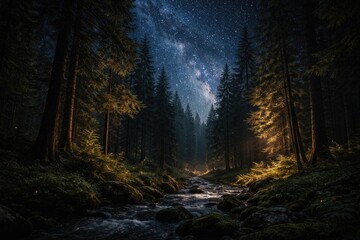 Fototapeta premium Ambiently lit forest under a shimmering star filled sky