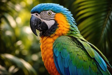 Fototapeta premium Beautiful Ara parrot featuring electric blue head and rich green plumage available