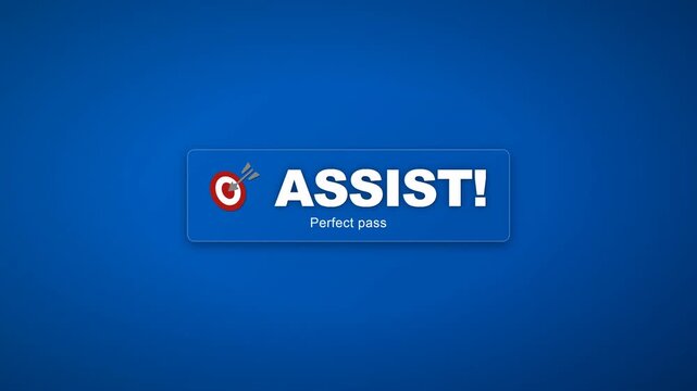 Professional blue soccer assist text overlay graphic for sports broadcast and digital match highlight reels.