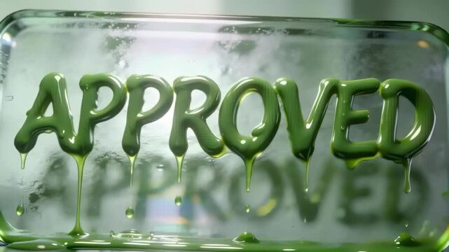 Forming glossy green letters APPROVED on glass panel in studio, gravity pulling drips pooling below